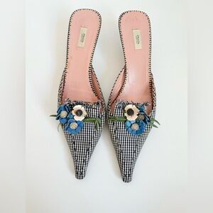 Prada Black White Gingham Flower bouquet Vintage mules heels EU 39.5